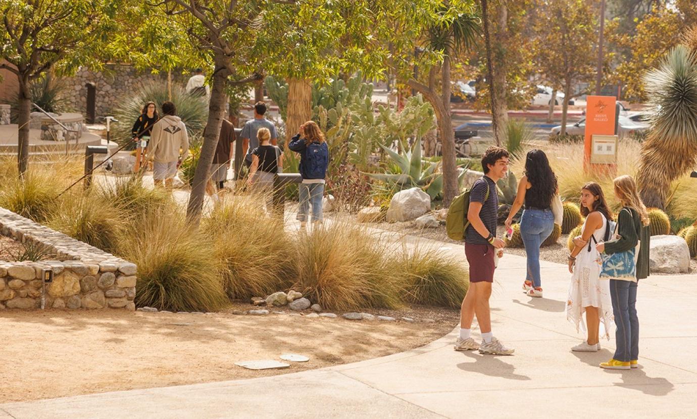 several students visit with each other in front of McConnell Hall